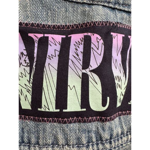 NIRVANA 90s Guitar Upcycled Distressed Denim Jacket Retro Vintage Kids Size M - Picture 10 of 11